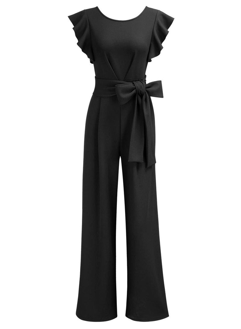 Knitee Women's Vintage Sleeveless Ruffle High Waist Wide Leg Romper Formal Long Jumpsuit with Belt (Black, Small) - Image 2